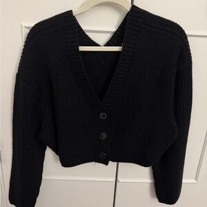 Zara Black Ribbed V-Neck Cropped Cardigan Sweater Buttons
